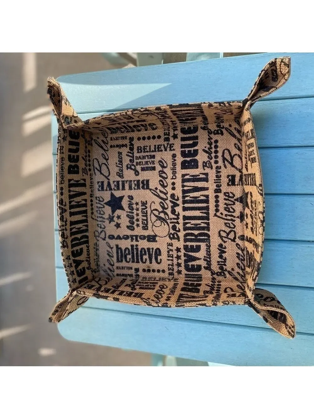 Burlap ‘Believe’ Basket. 10” square. Cute corners with snaps. Many uses 3” tall